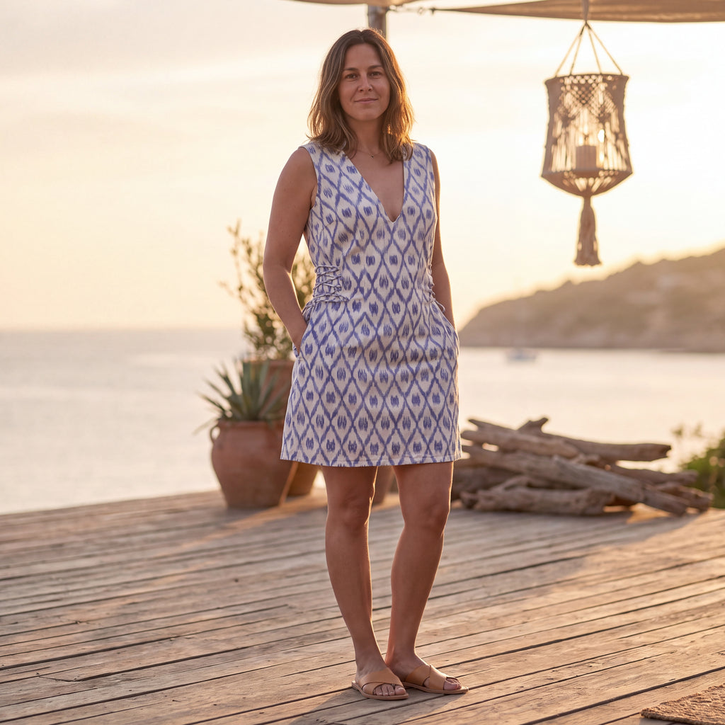 Maya Ikat Mini Dress - Ivory & Blue