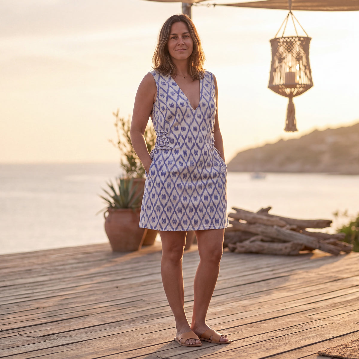 Maya Ikat Mini Dress - Ivory & Blue