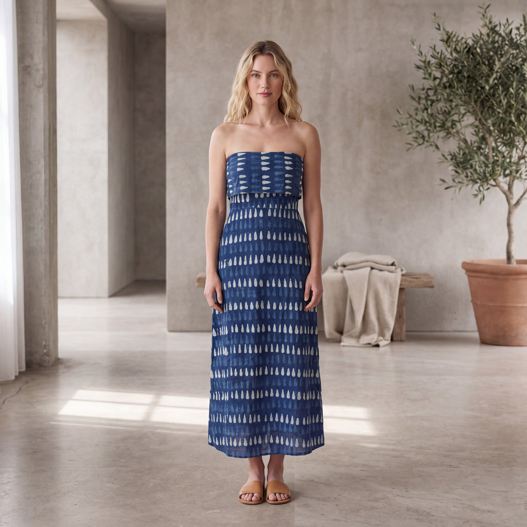 Nila Block Print Midi Dress - Indigo