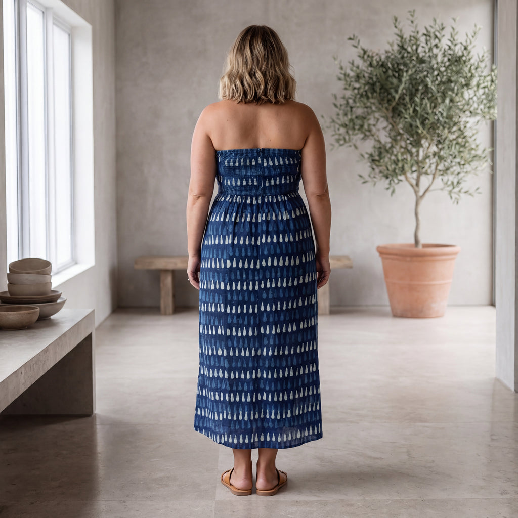 Nila Block Print Midi Dress - Indigo