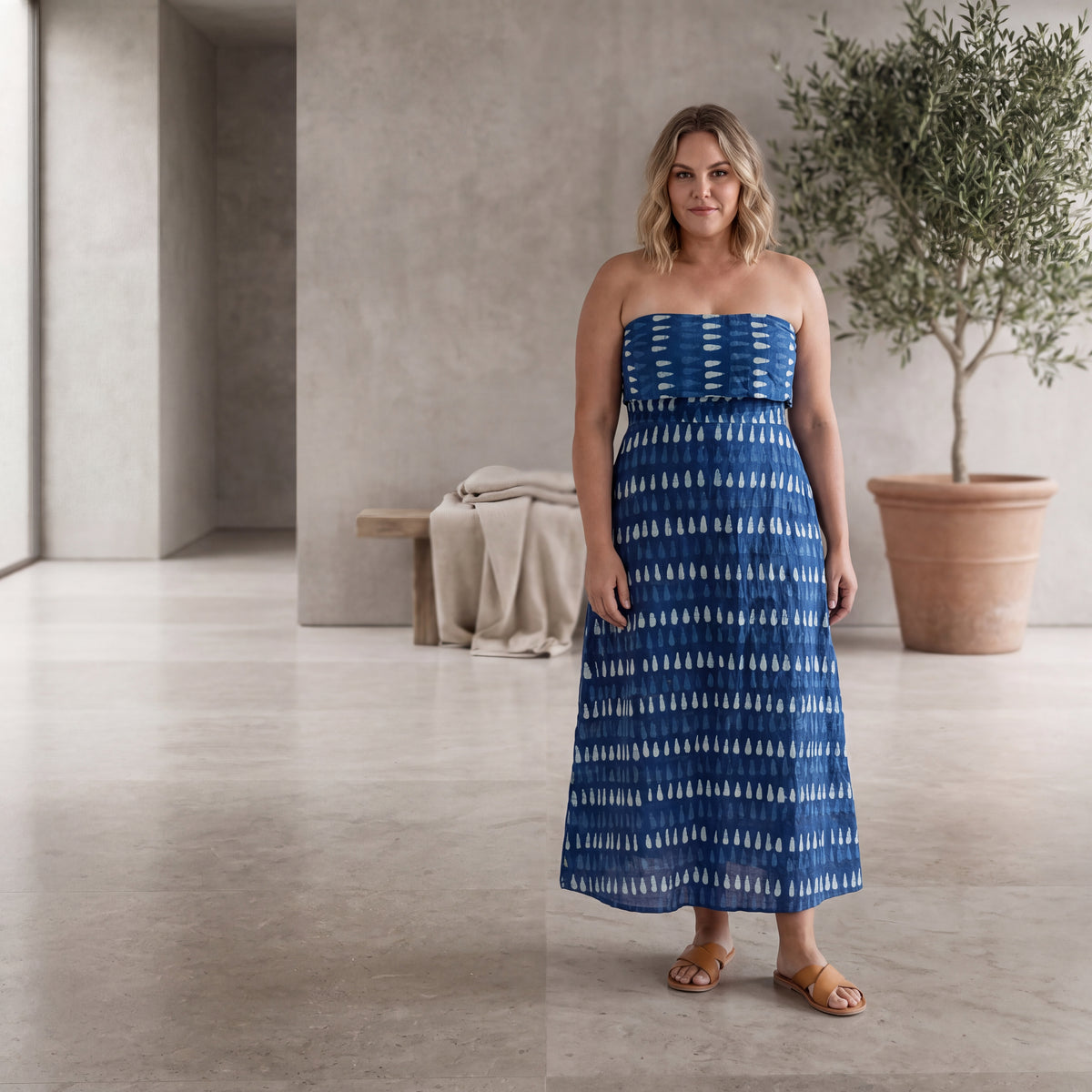 Nila Block Print Midi Dress - Indigo
